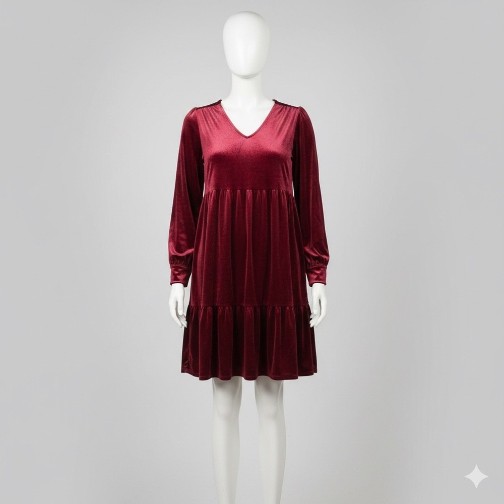 🔴 Studio One New York Burgundy Velvet Tiered Ruffle LongSleeve V Neck Dress M